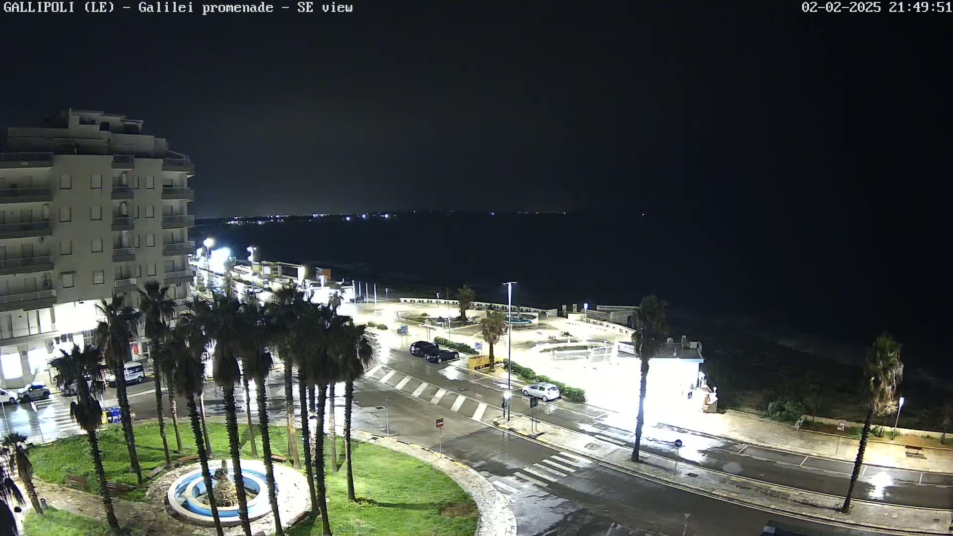 A nighttime, rain-slicked coastal promenade scene shows a multi-story building, palm trees, parked cars, and a dark ocean under a clear sky.