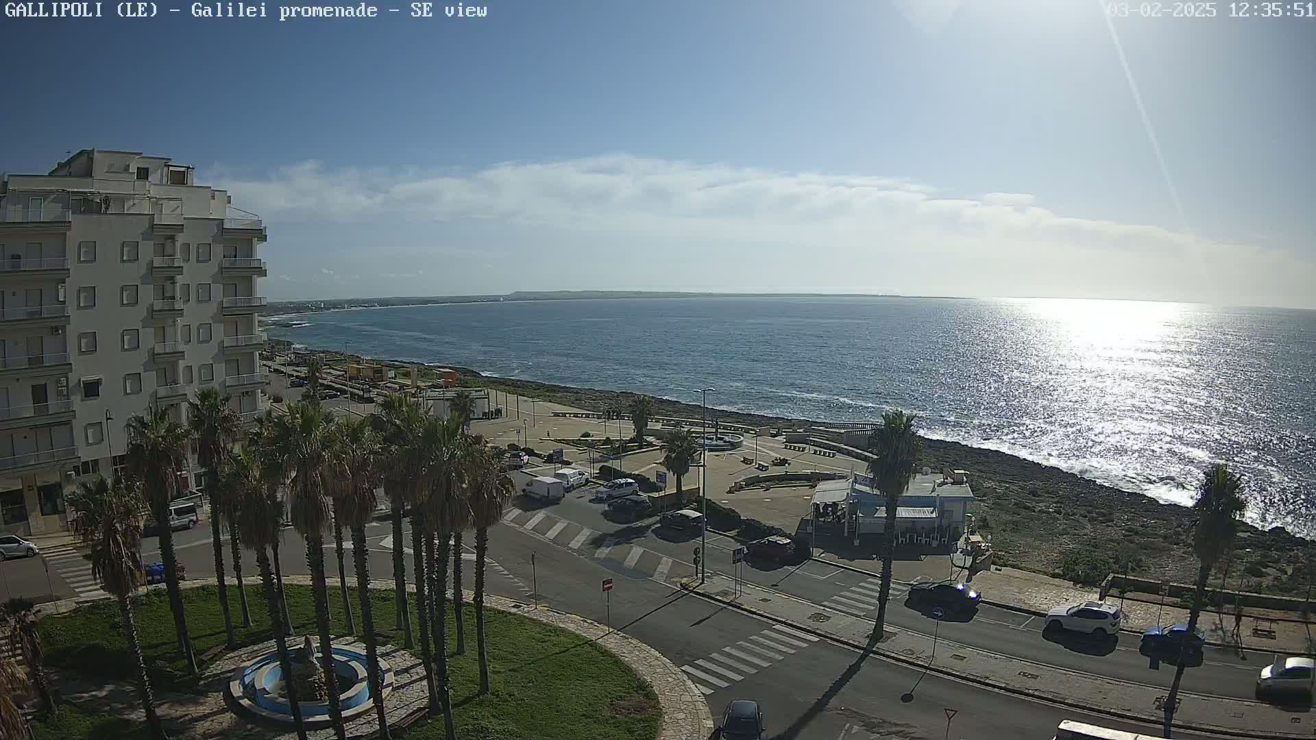 A sunny, partly cloudy day overlooks a seaside town with palm trees lining a road next to a calm ocean.