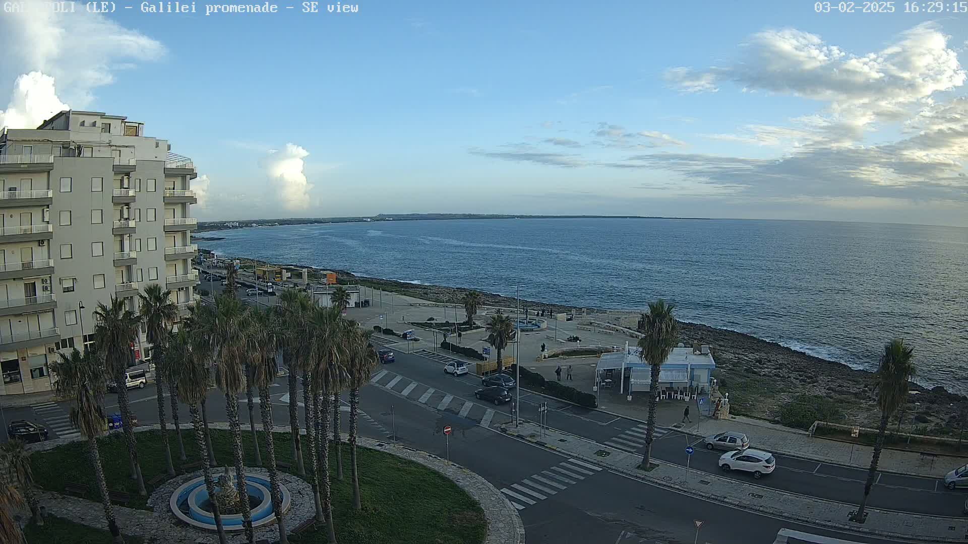 A seaside promenade with palm trees, buildings, and cars under a partly cloudy sky.