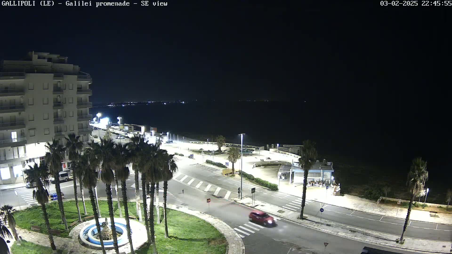 A nighttime aerial view shows a coastal town with palm trees lining a roadway that curves towards a dark body of water under a clear sky.