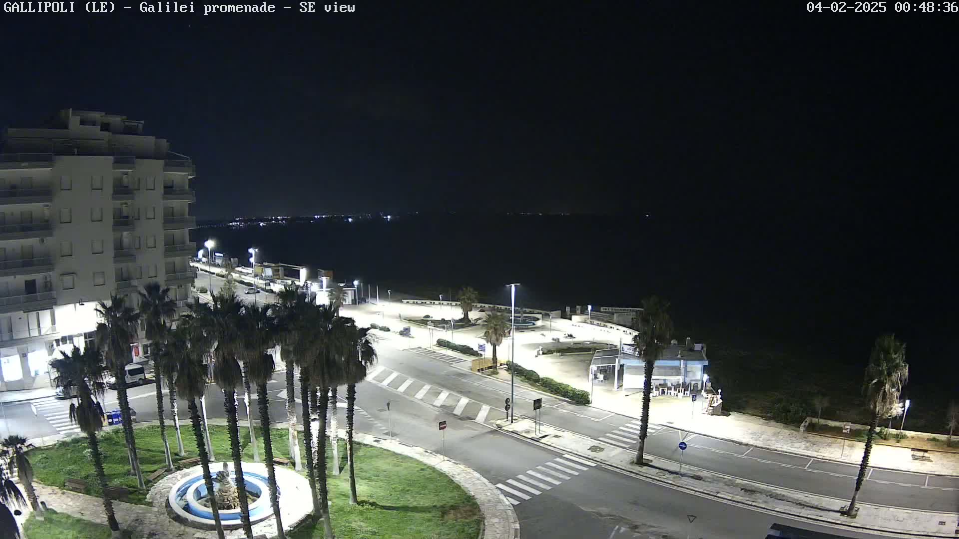 A nighttime view of a coastal town square with palm trees, a fountain, and a multi-story building near a calm, dark body of water.