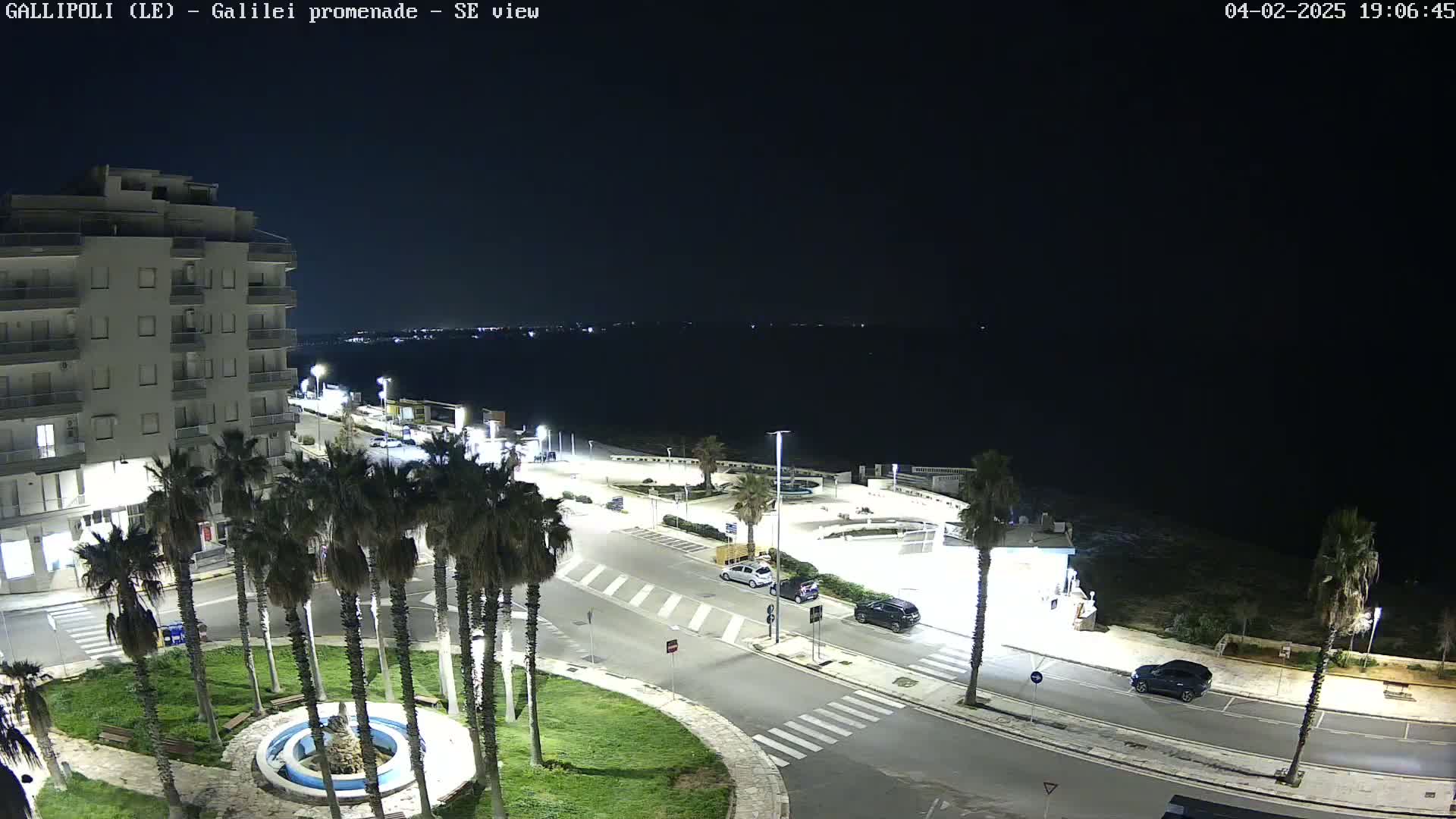 A nighttime, seaside view of a promenade with palm trees, a multi-story building, cars parked along the street, and a circular fountain in a grassy area.