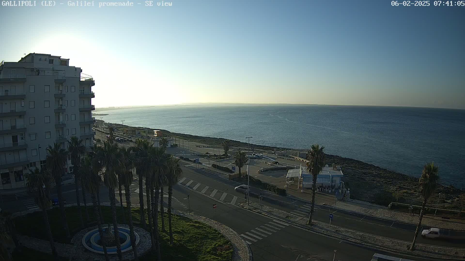 A seaside promenade with palm trees, a multi-story building, and calm, clear water under a clear blue sky.