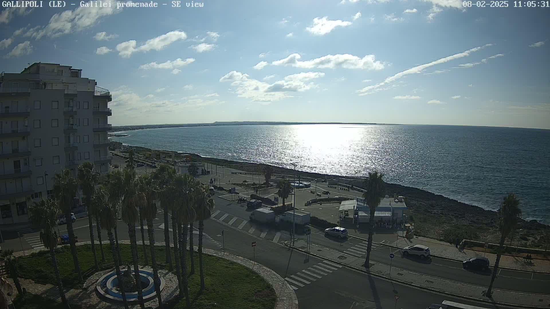 A sunny day overlooks a seaside promenade with palm trees, buildings, and cars, and a calm sea reflecting sunlight.