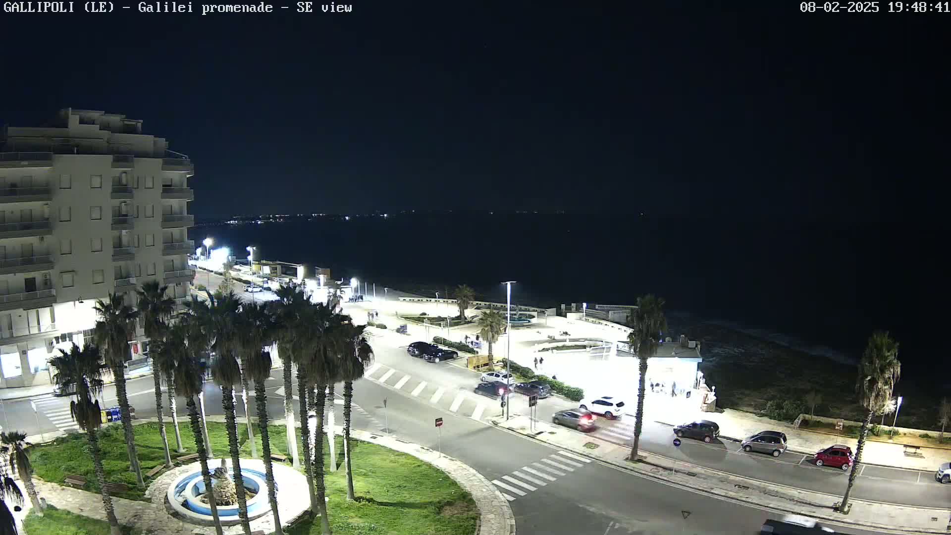 A nighttime, high-angle view of a seaside town with palm trees lining a street near the ocean, and cars parked and driving along the road.