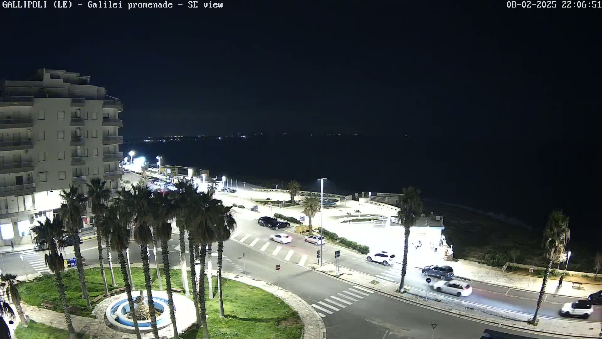 A nighttime, overhead view of a coastal town with palm trees, a multi-story building, cars on roads, and a dark ocean in the background.