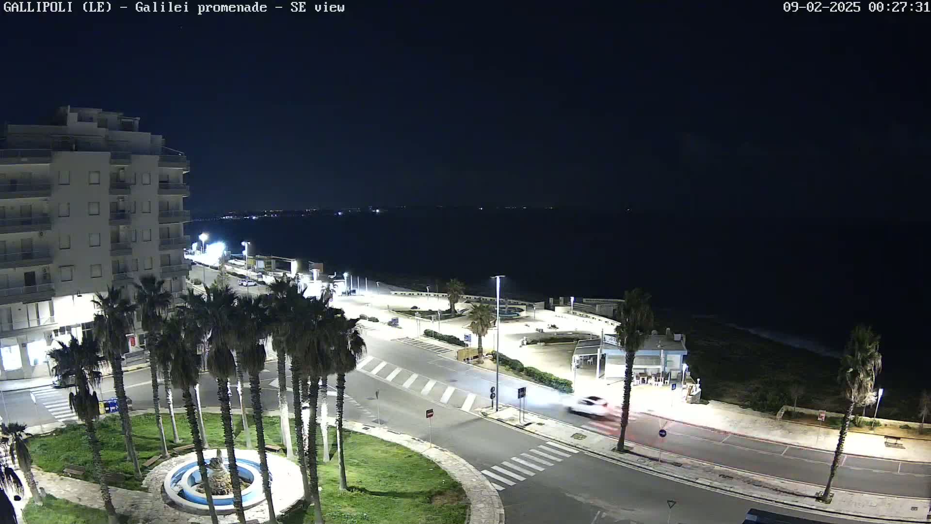 A nighttime, high-angle view shows a coastal town with palm trees lining a roadway that curves toward a dark ocean under a clear, night sky.