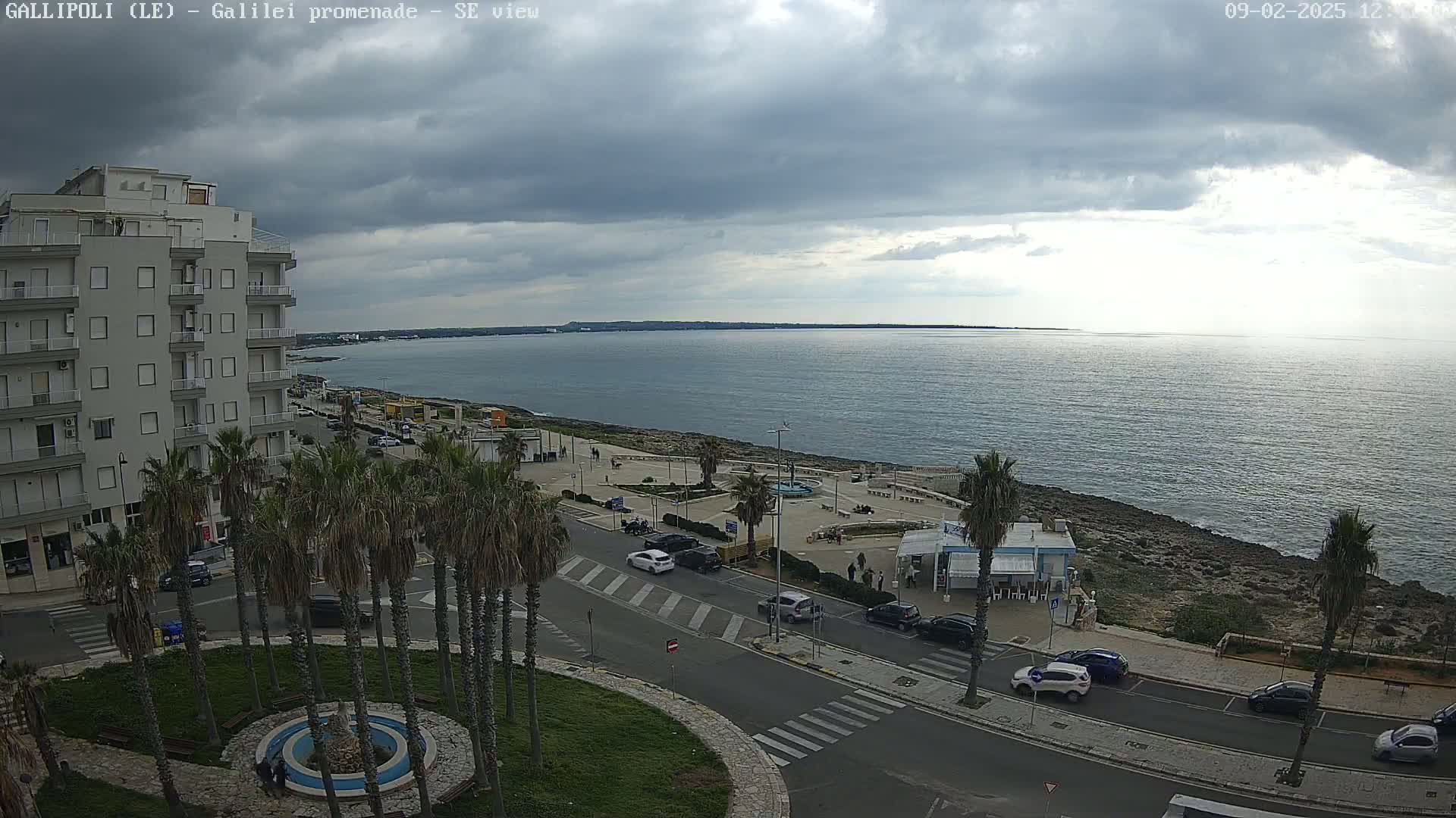 A seaside promenade with palm trees, buildings, and cars under a cloudy sky.