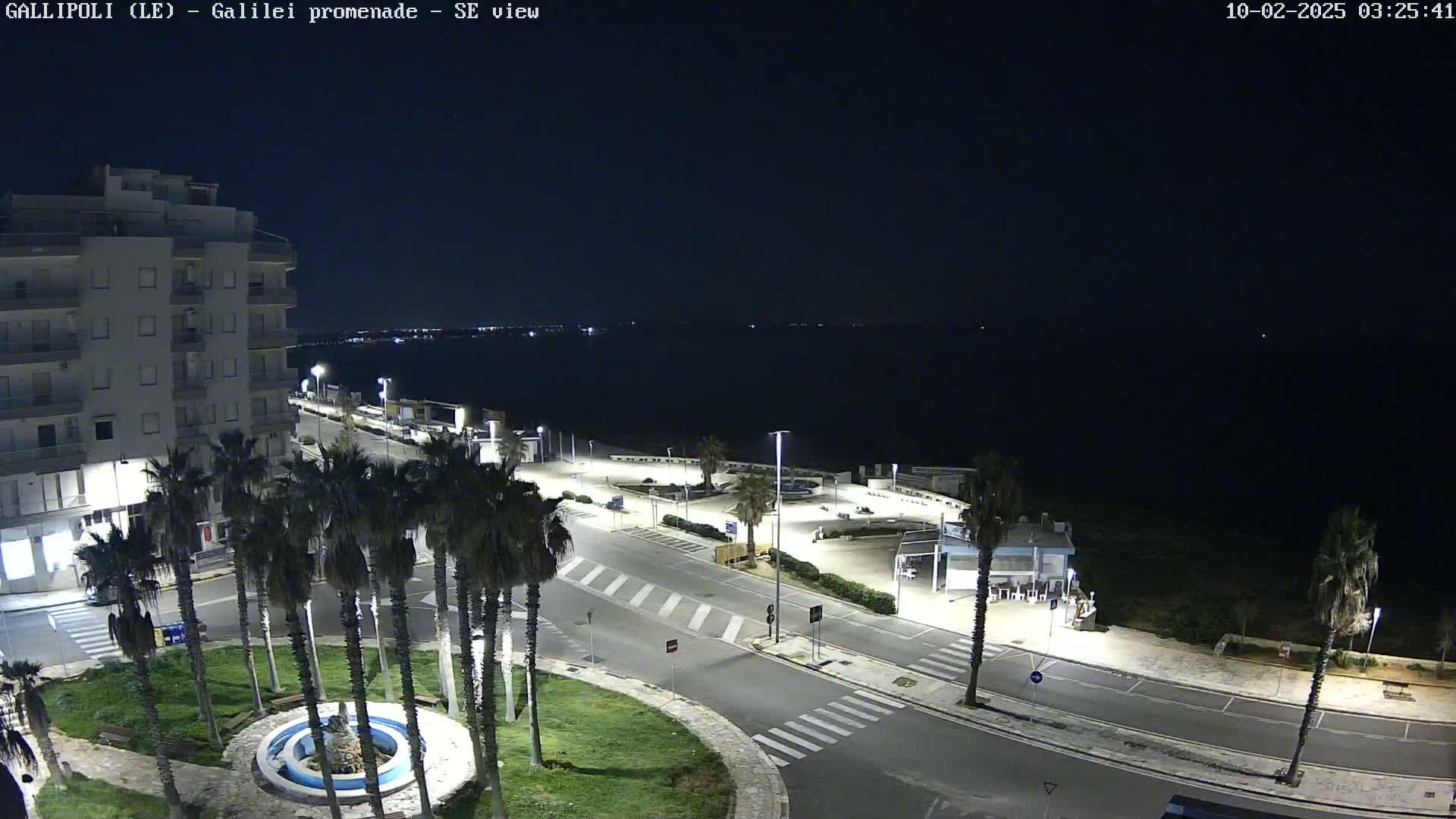 A nighttime view of a seaside promenade with palm trees, a fountain, and a multi-story building, under a clear, dark sky.