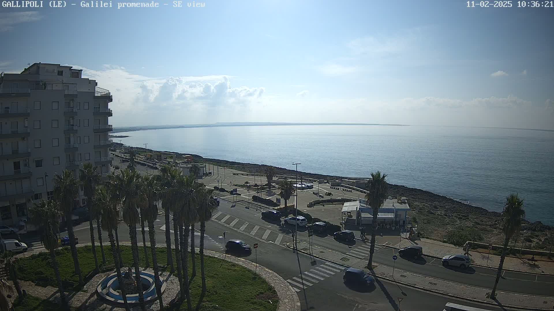 A seaside town viewed from above on a partly cloudy day shows a calm ocean, a promenade with palm trees and parked cars, and a multi-story building.
