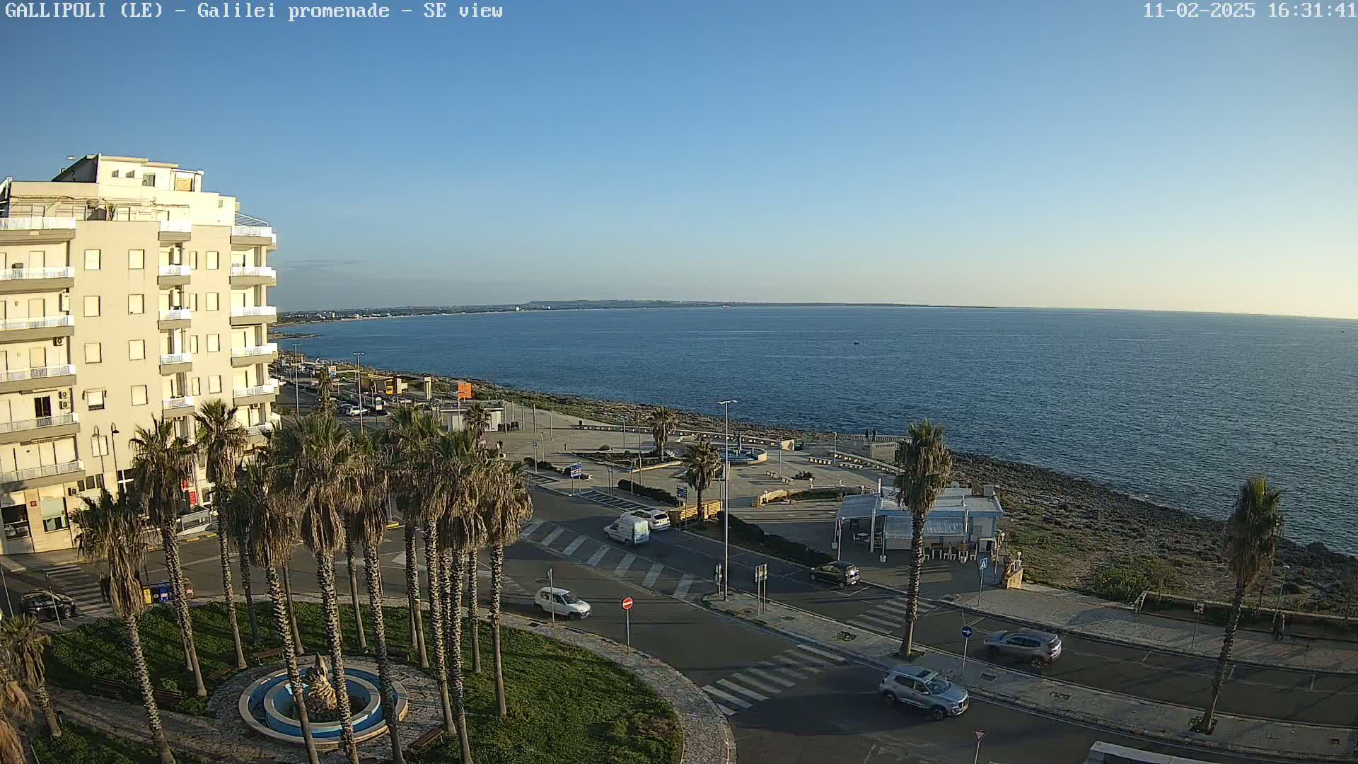 A seaside town scene under a clear blue sky shows a multi-story building, palm trees lining a road, a calm ocean, and several cars parked along the shoreline.