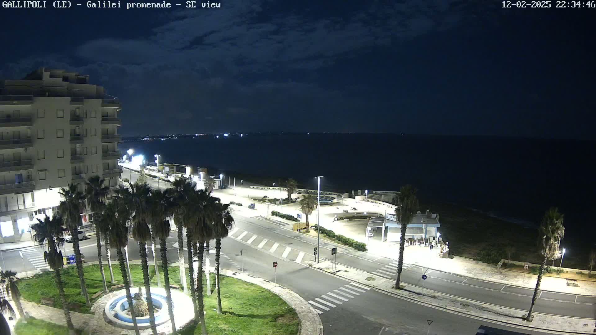 A nighttime view of a coastal town with palm trees lining a roadway next to a calm sea under a partly cloudy sky.