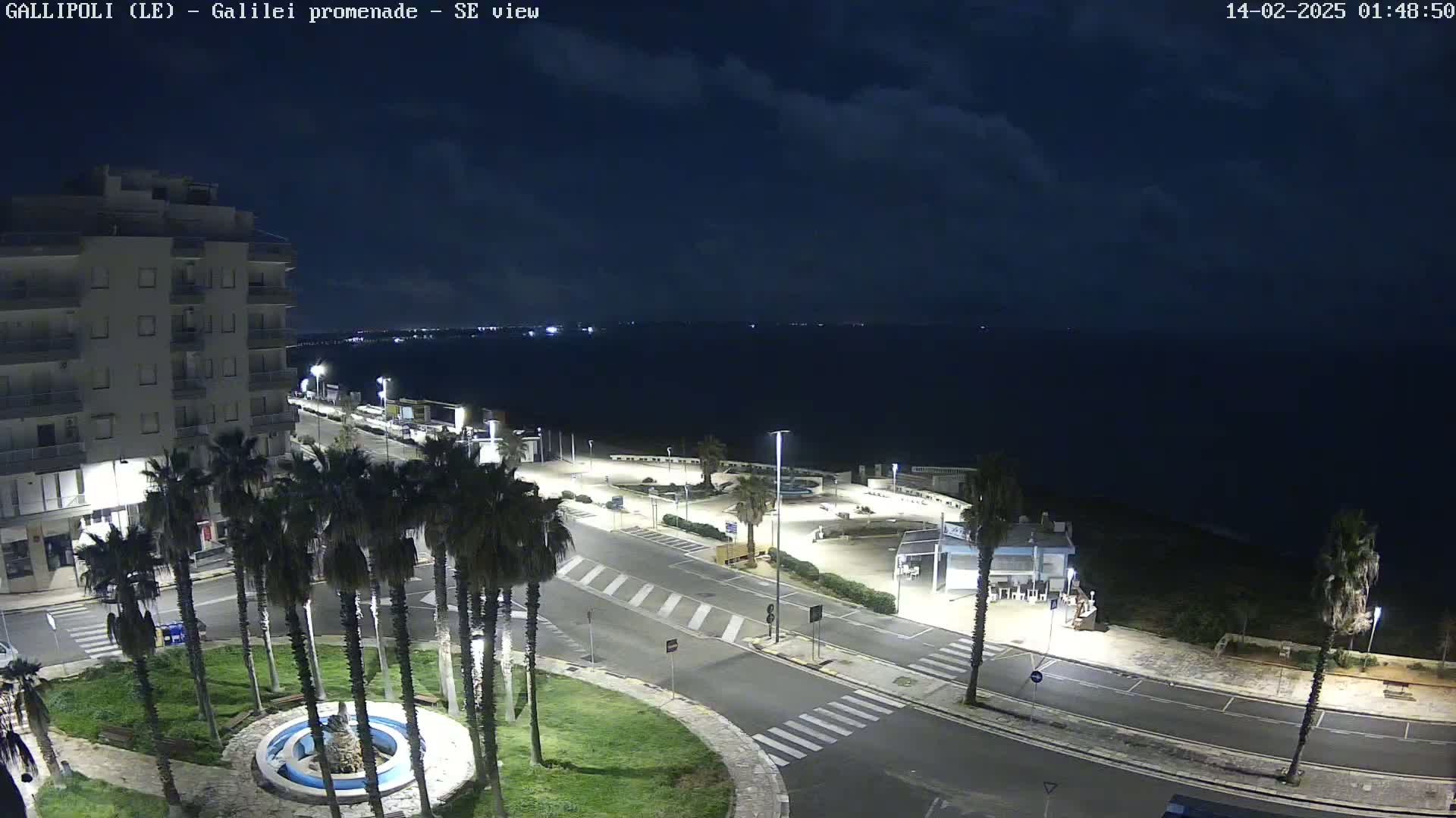 A nighttime, coastal scene shows a multi-story building, palm trees, a fountain, and a roadway leading to a dark ocean under a cloudy sky.