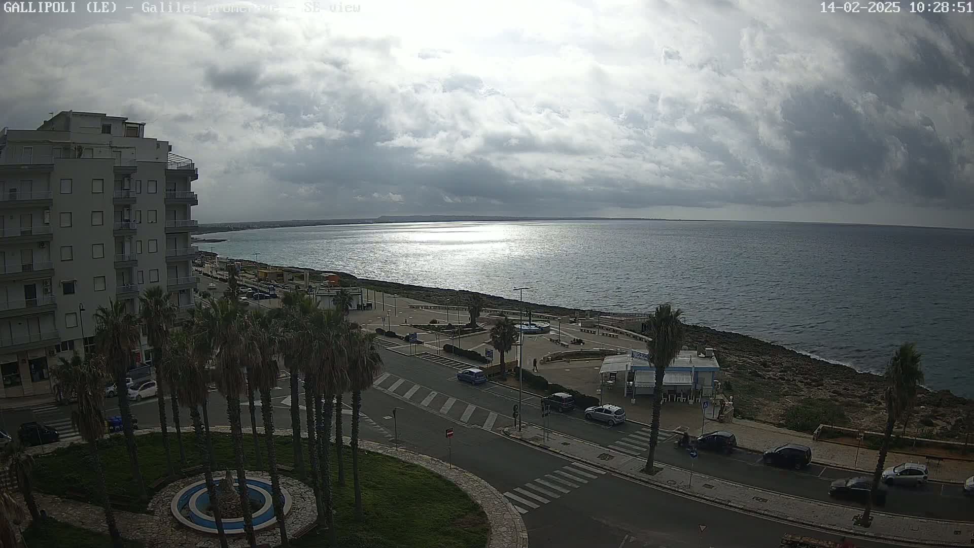 A coastal city scene under a cloudy sky shows a calm sea reflecting sunlight, a multi-story building, palm trees lining a street, and parked cars.