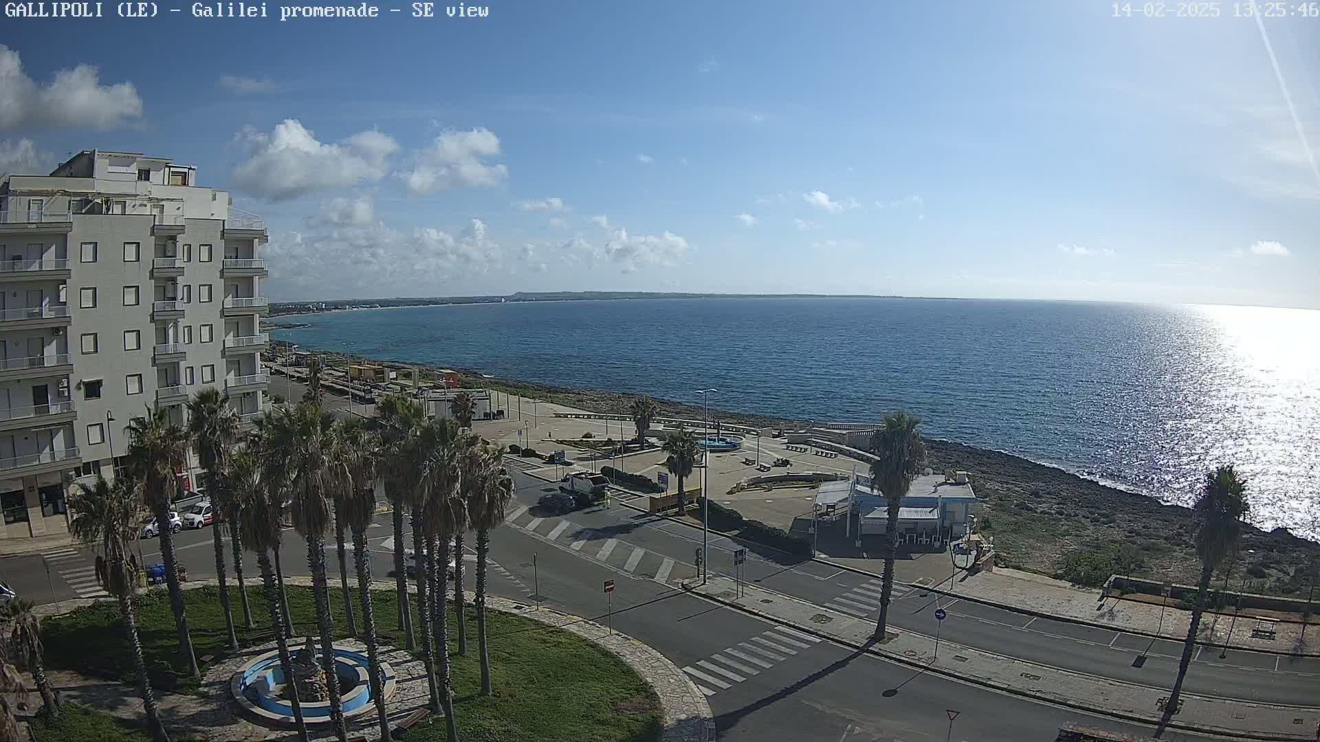 A sunny day overlooking a coastal town with a promenade, palm trees, a multi-story building, and a calm blue sea.