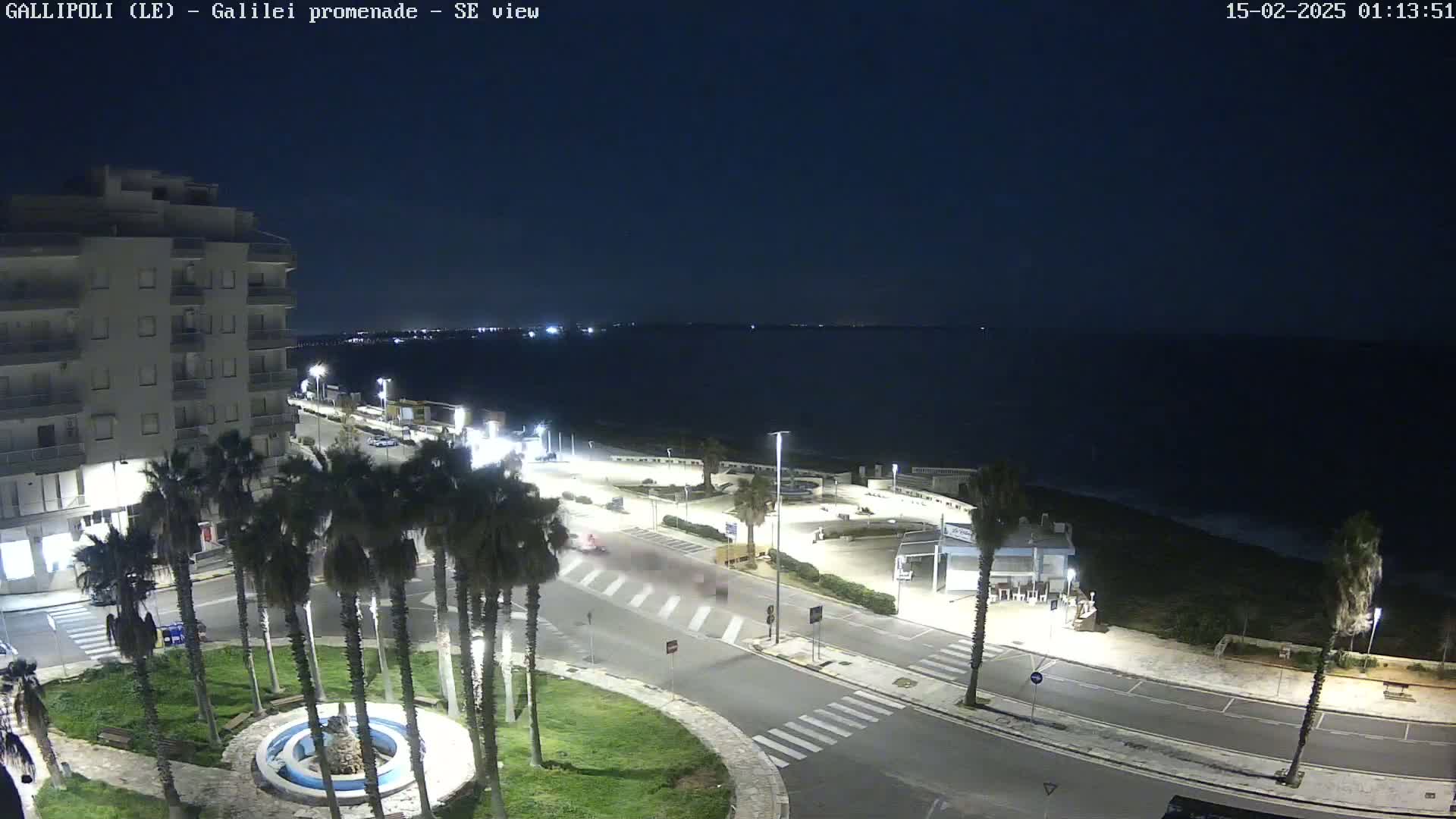 A nighttime, coastal scene shows a multi-story building, palm trees lining a roadway, and a calm sea under a dark sky.