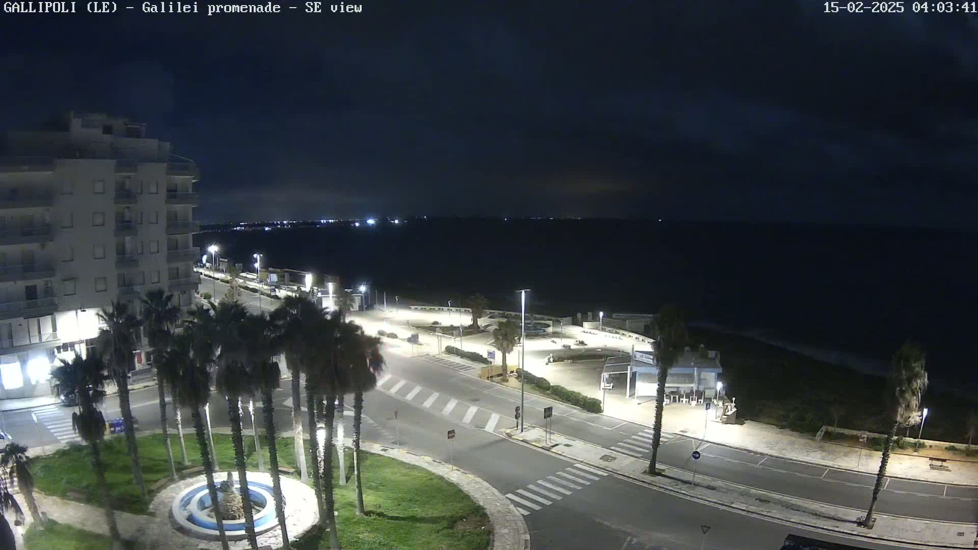 A nighttime, overhead view of a coastal road with palm trees lining a central median, a building in the background, and a dark ocean beyond.