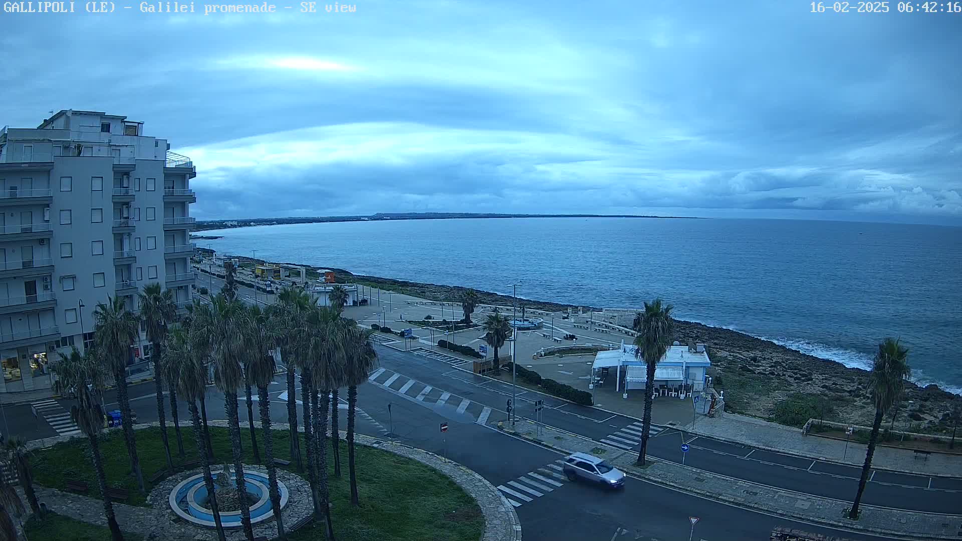 A seaside promenade with palm trees, a building, and a car is visible under a partly cloudy sky.