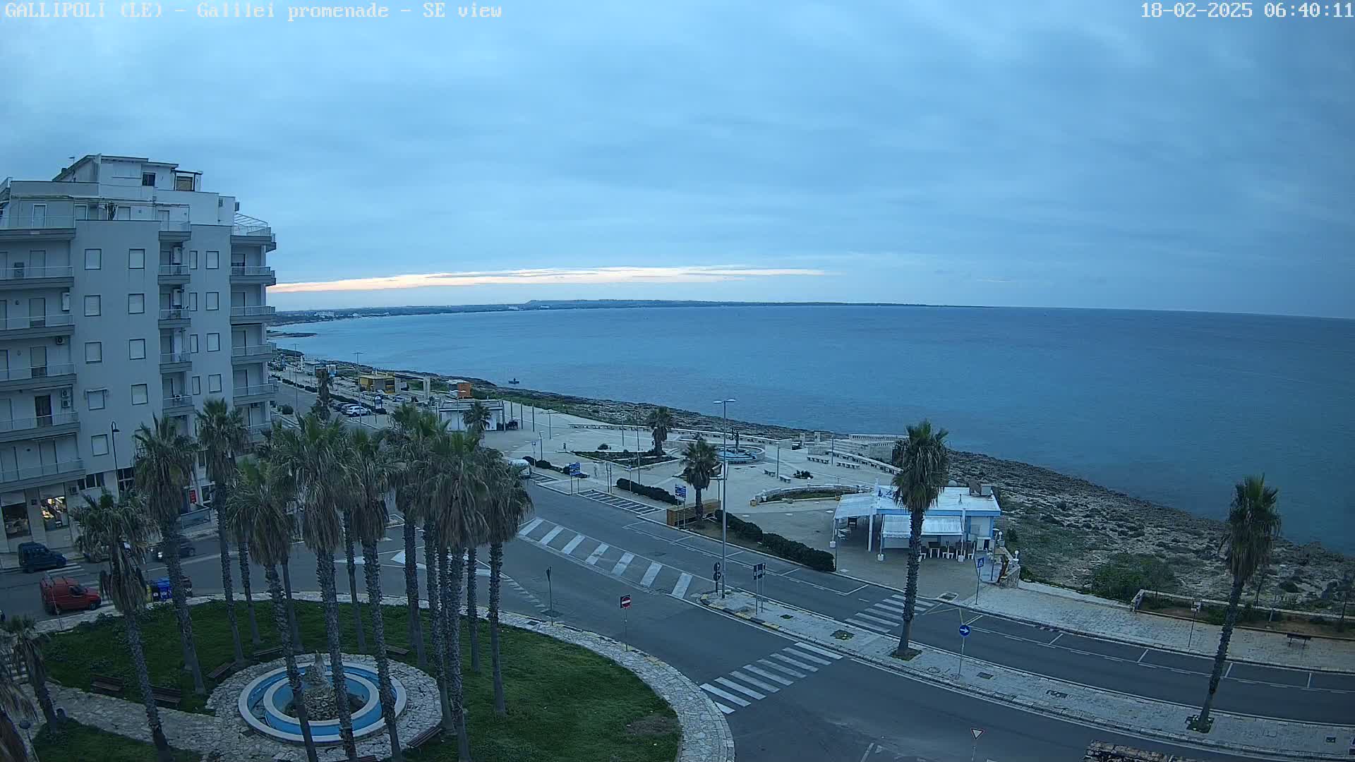 A seaside promenade with palm trees, a building, and a calm sea under an overcast sky.