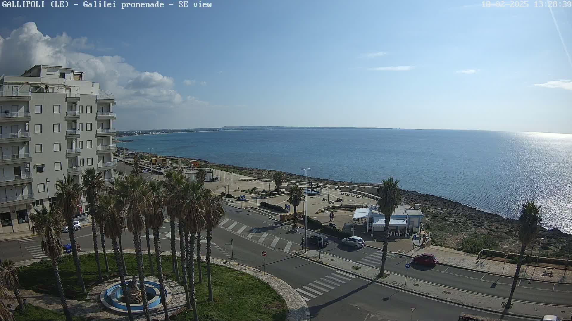 A seaside town on a sunny day with a clear blue ocean, a paved road, palm trees, and a multi-story building.