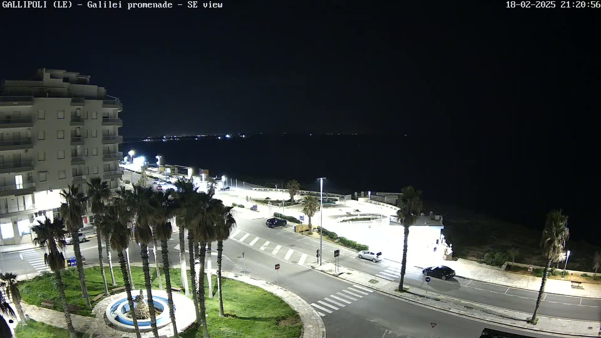 A nighttime, high-angle view of a coastal town's promenade featuring a multi-story building, palm trees, cars parked along a roadway, and a calm, dark body of water in the background.