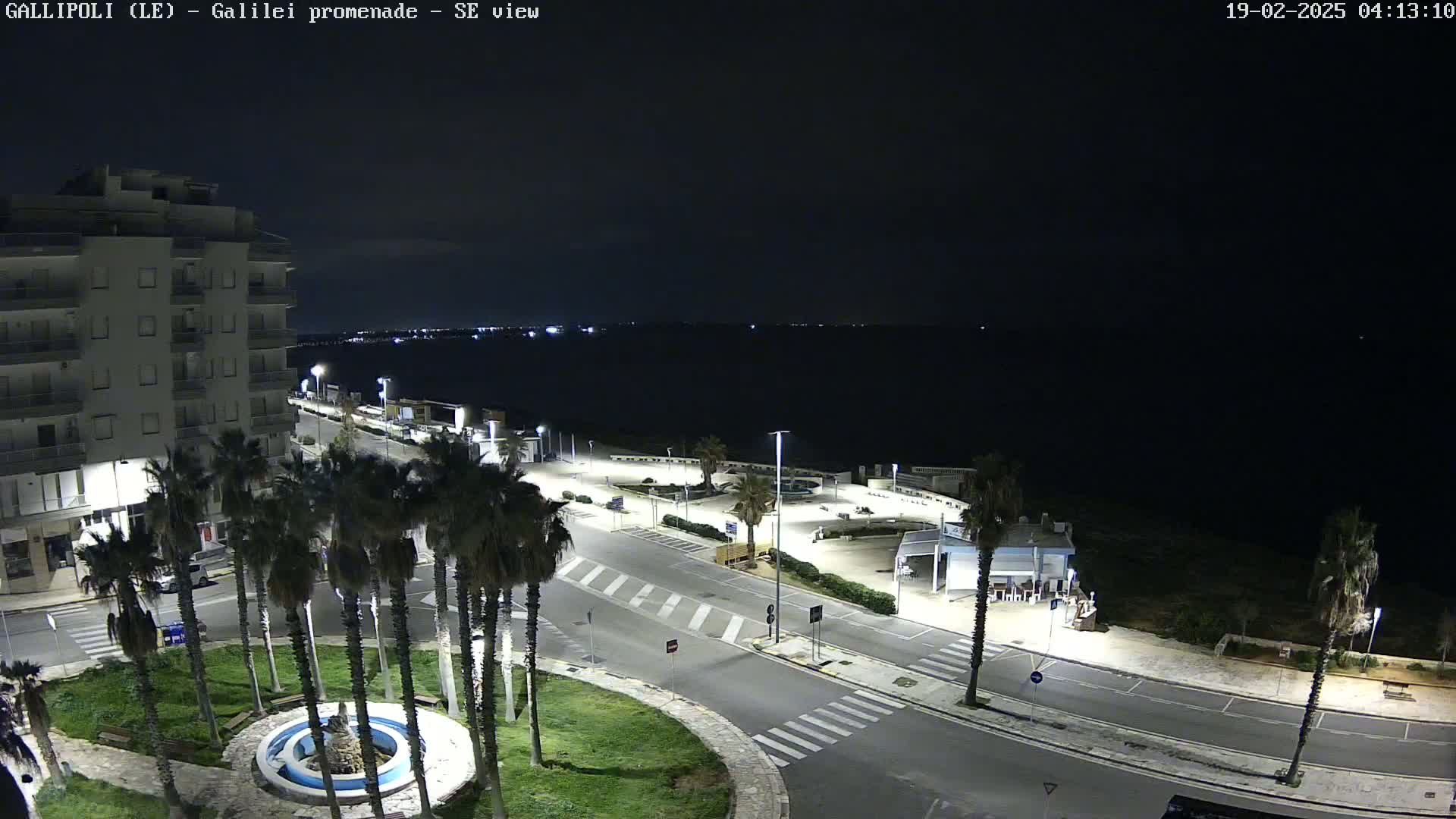 A nighttime view of a seaside promenade with palm trees, a building, and a circular fountain, under a clear, dark sky.