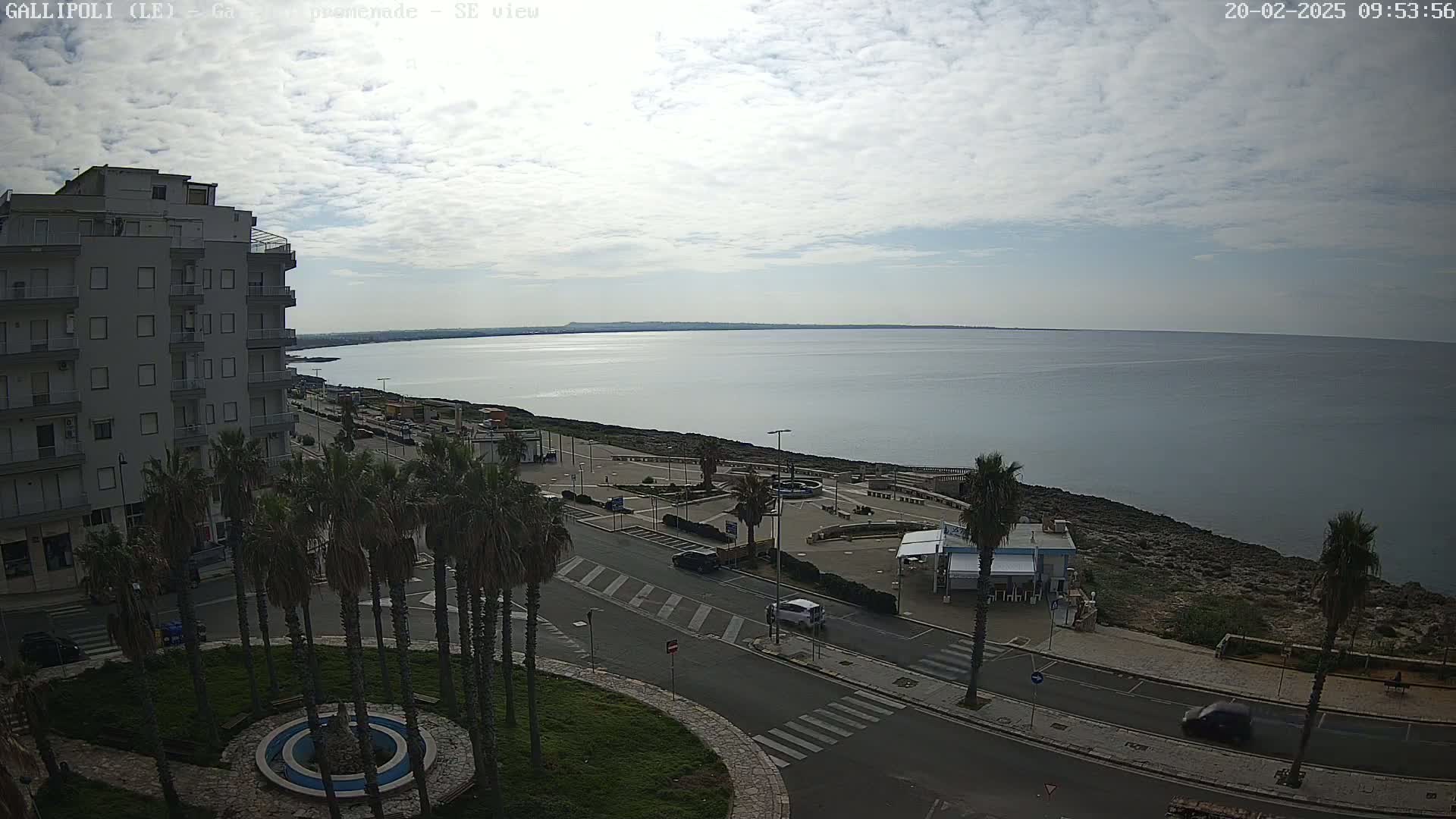 A coastal town with palm trees lines a road leading to a calm, gray sea under a partly cloudy sky.