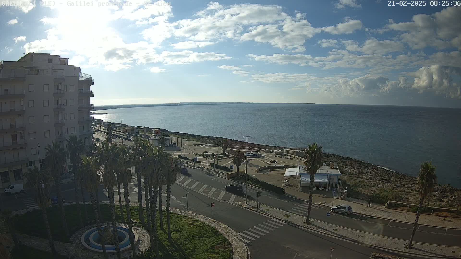 A partly sunny day overlooks a coastal town with palm trees, a road, buildings, and a calm sea.