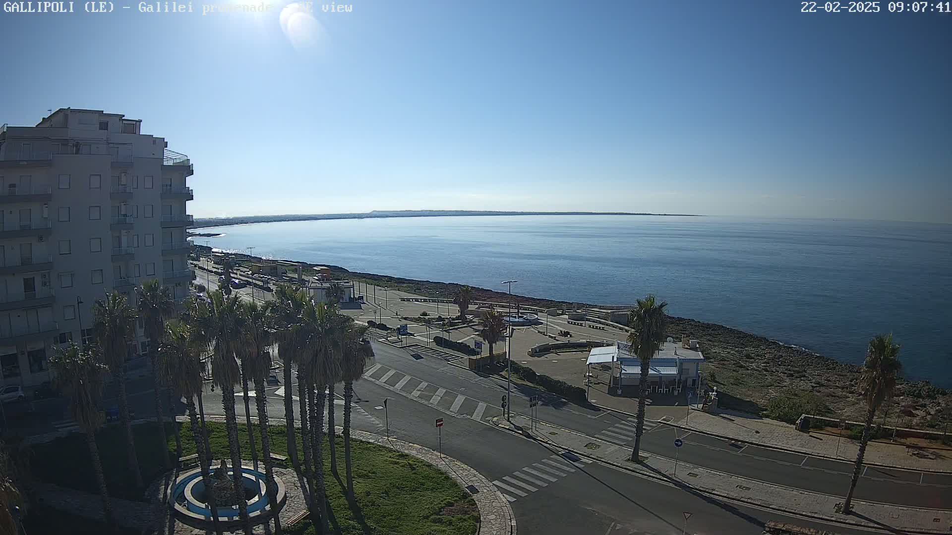 A sunny day reveals a coastal town scene with a multi-story building, palm trees lining a road leading to a seaside promenade and calm blue ocean stretching to a distant horizon.