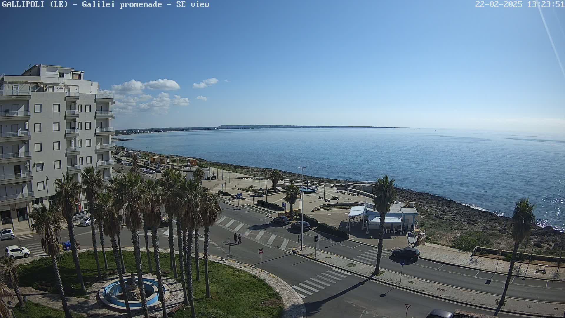 A seaside town on a sunny day, with palm trees lining a paved promenade overlooking a calm ocean.