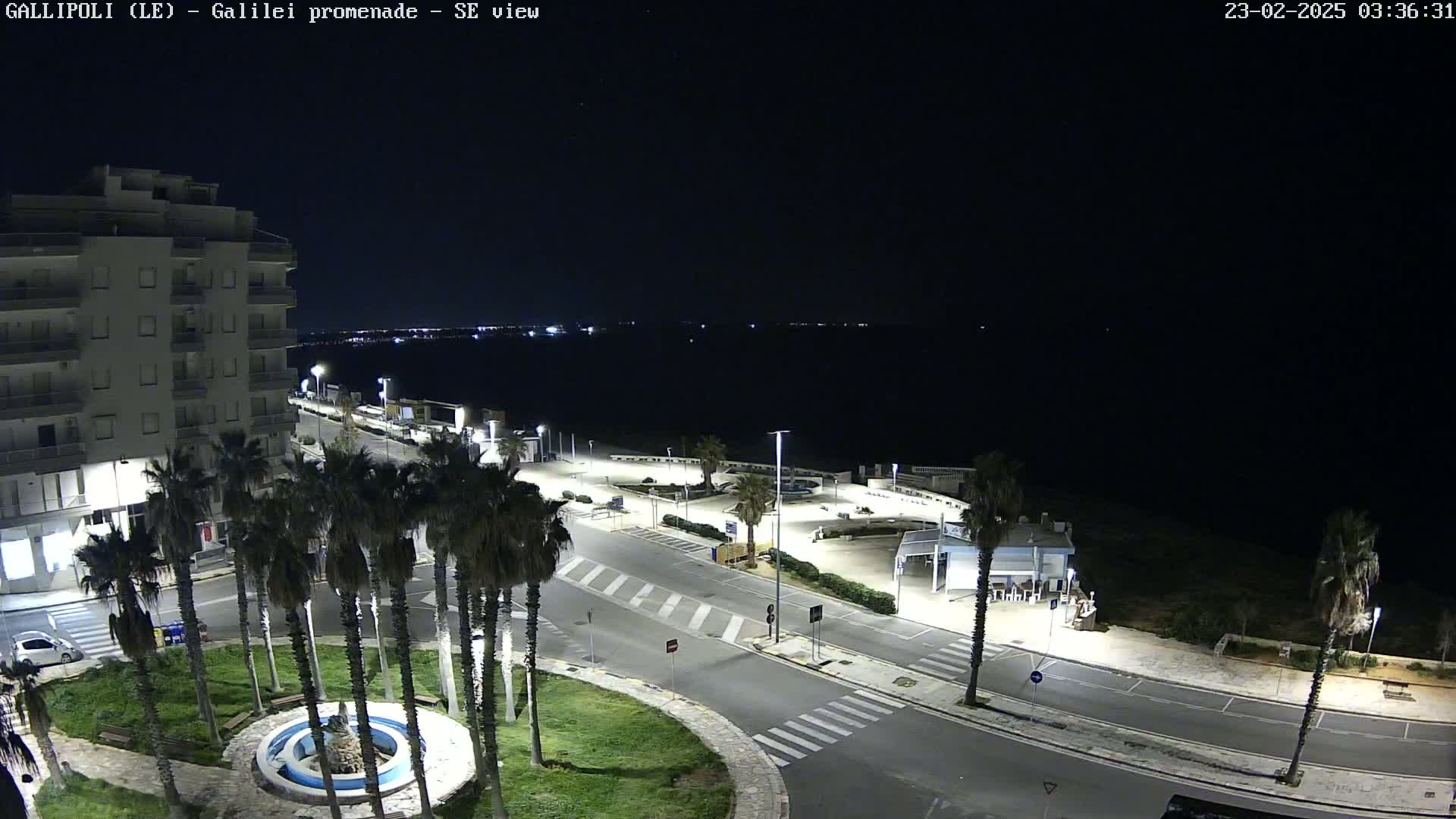 A nighttime aerial view shows a coastal town's promenade with palm trees, a building, and a dark sea under a clear night sky.