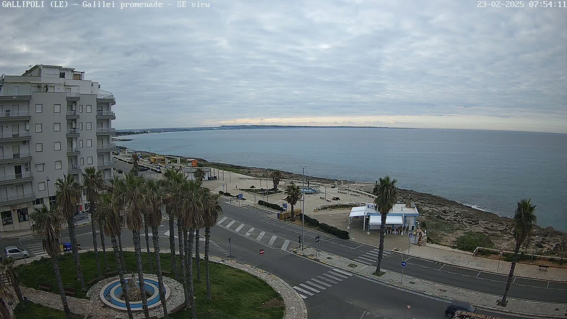 A seaside promenade with palm trees, a multi-story building, and a calm ocean under a cloudy sky.