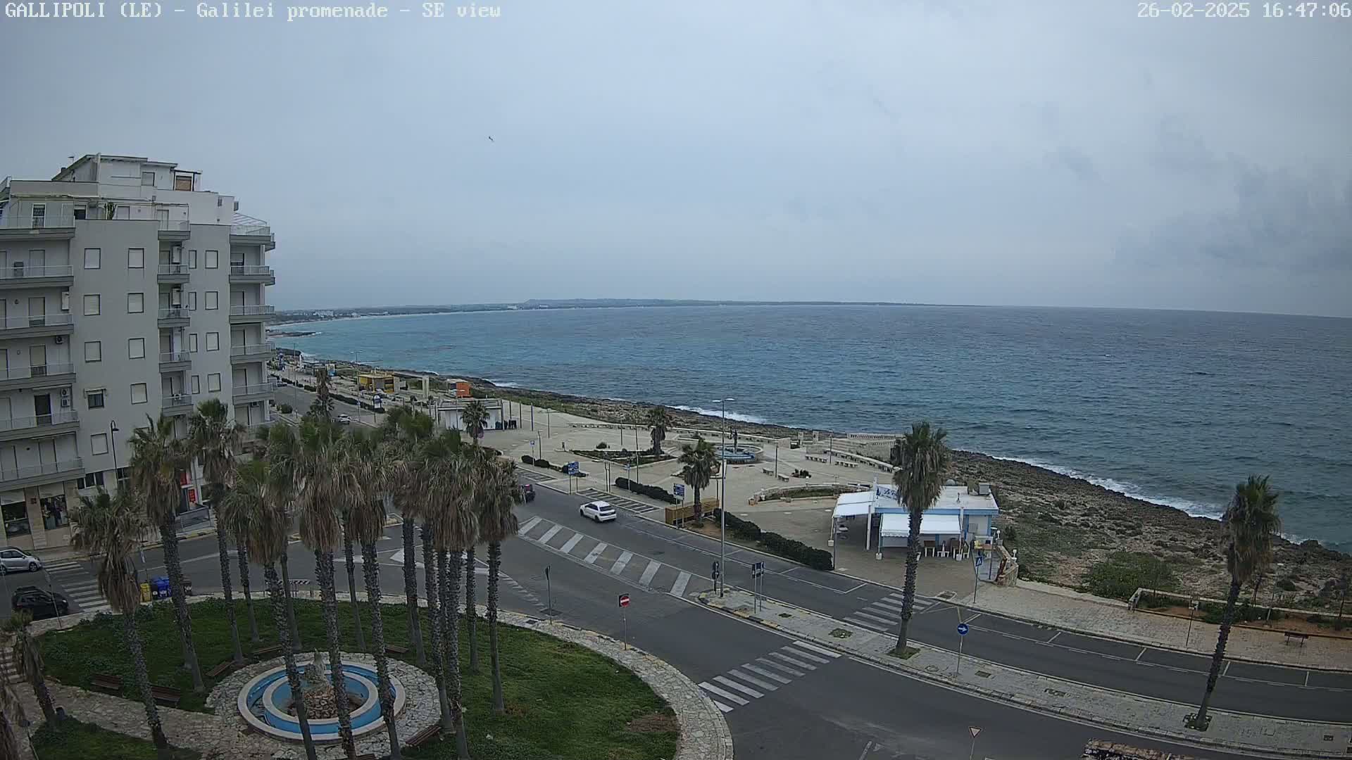 A coastal scene shows a multi-story building, palm trees lining a roadway leading to a rocky shoreline and calm, blue sea under an overcast sky.