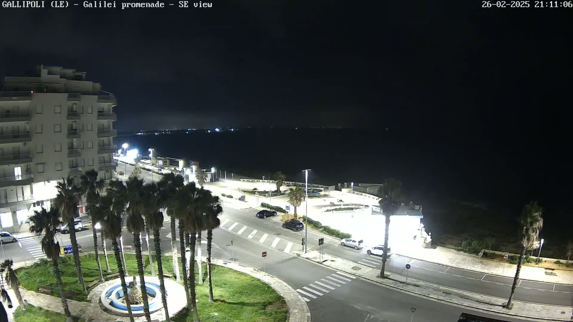 A nighttime, overhead view of a coastal town square with palm trees, a fountain, a multi-story building, and parked cars under well-lit streets, overlooking a dark body of water.