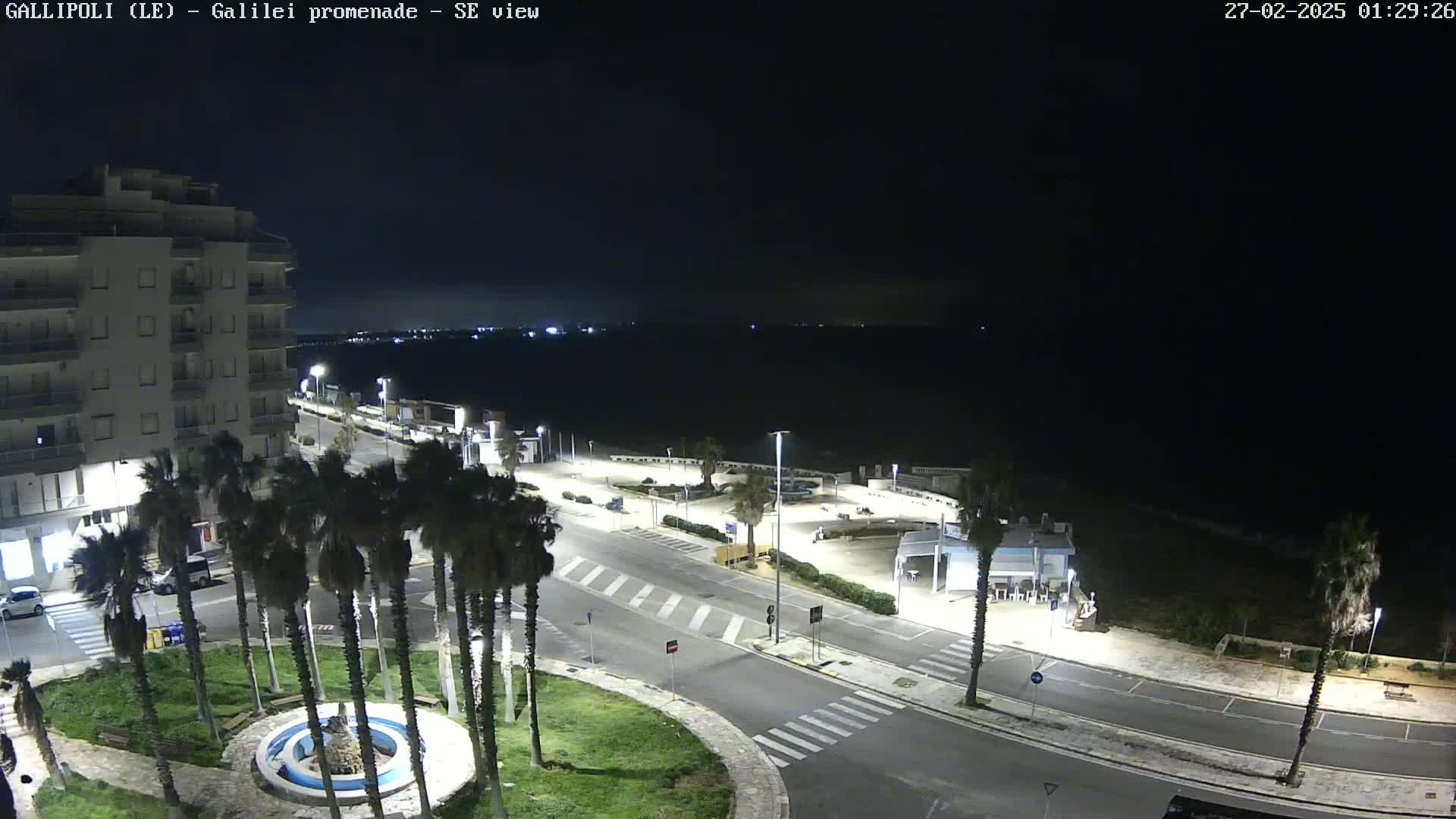 A nighttime, high-angle view of a coastal town, showing a multi-story building, palm trees lining a roadway, and a mostly dark sea in the background.