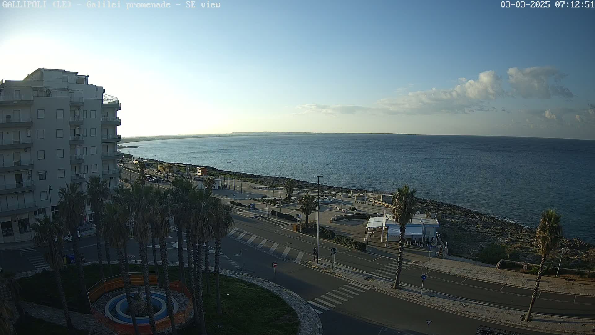 A mostly clear, sunny day overlooks a seaside promenade with palm trees, a multi-story building, and a calm ocean.