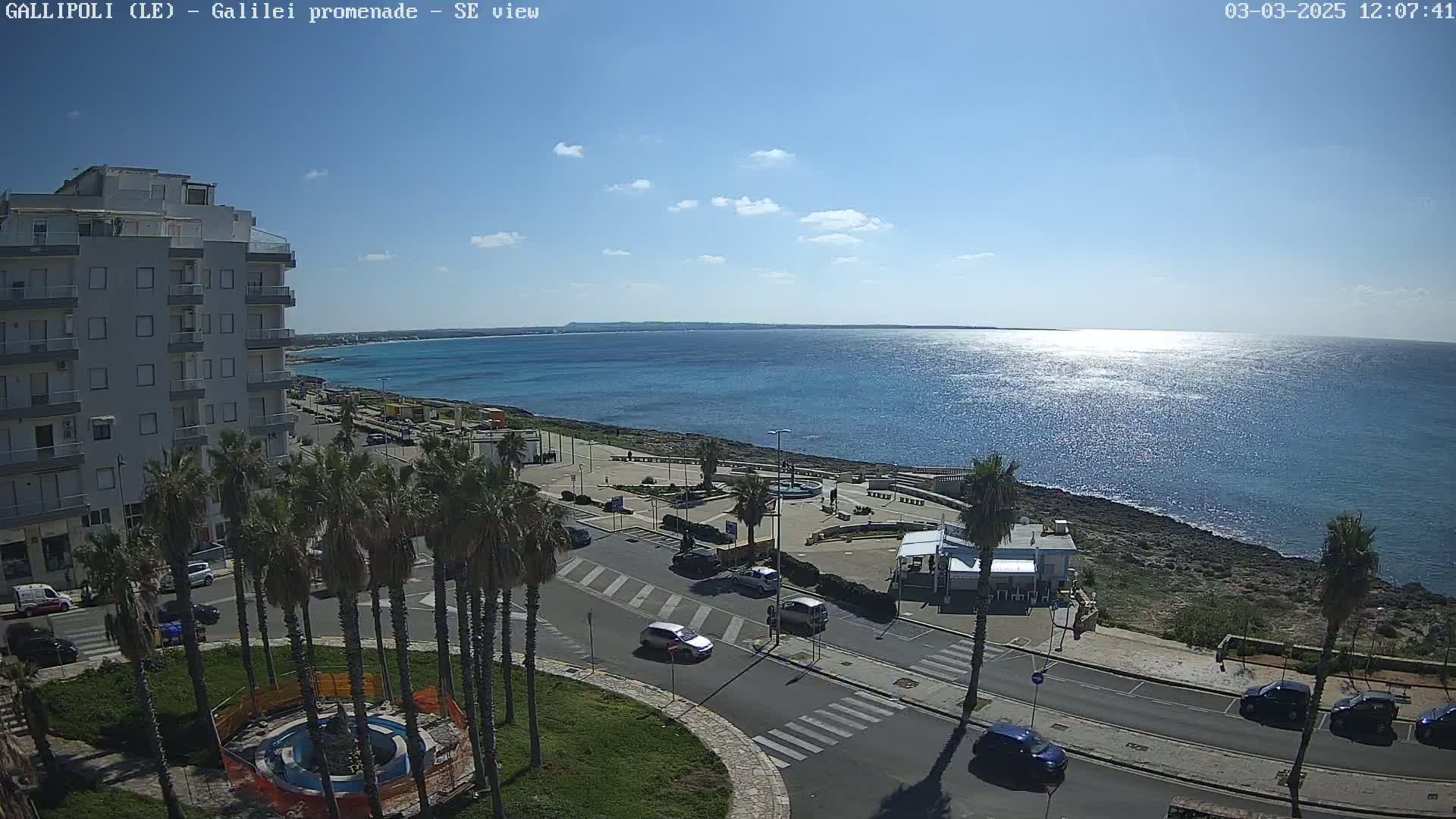 A sunny day overlooking a calm, blue ocean from a coastal town with palm trees, buildings, and cars on a road.