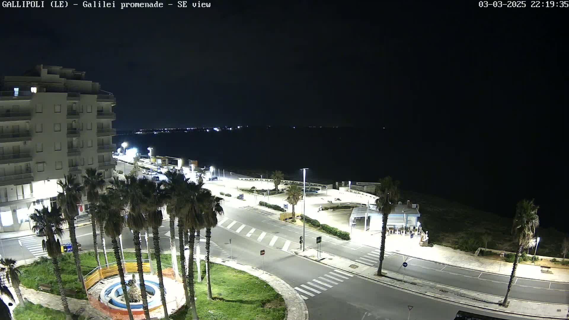 A nighttime aerial view shows a seaside promenade with palm trees, a building, and a parking lot under a clear, dark sky.