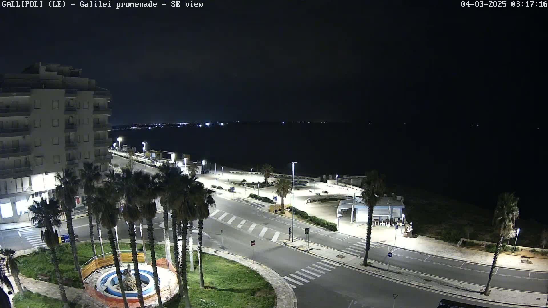 A nighttime, overhead view of a seaside promenade shows a multi-story building, palm trees, and a mostly empty road leading to a dark body of water.