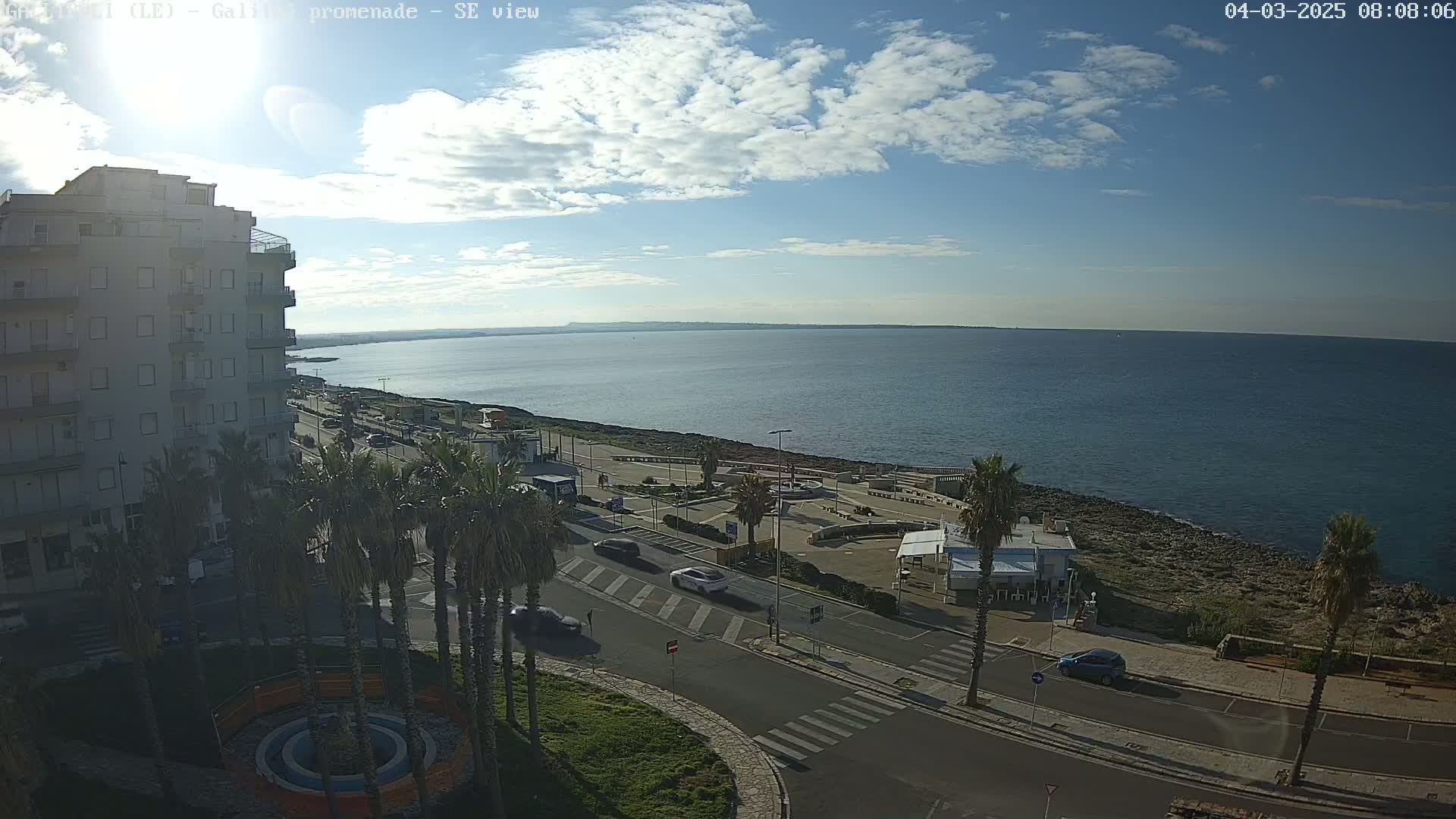 A partly sunny day shows a seaside promenade with palm trees, cars, and a multi-story building overlooking a calm ocean.