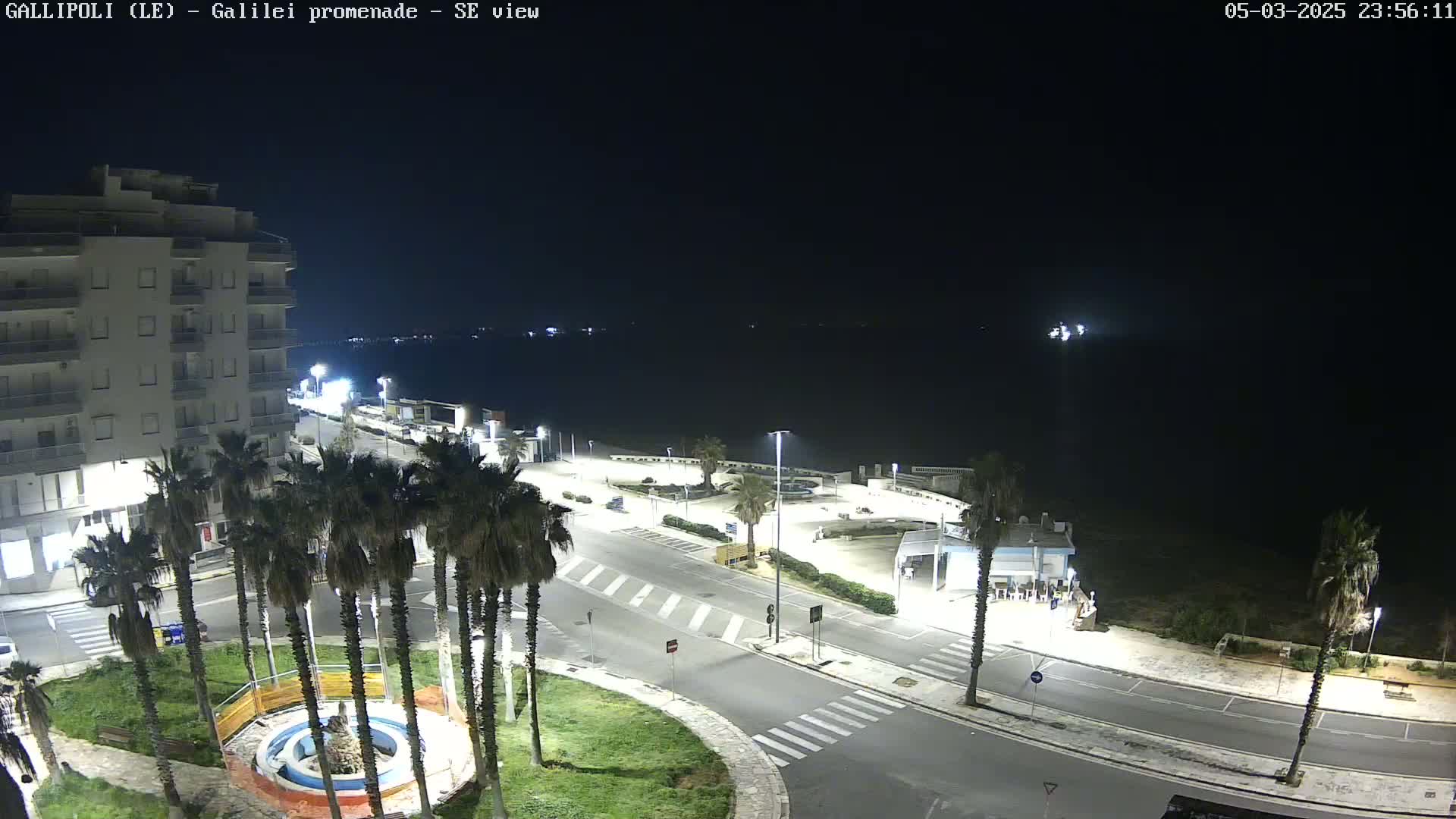 A nighttime, high-angle view shows a coastal road with palm trees, a building, and a small group of people near a waterfront at night.