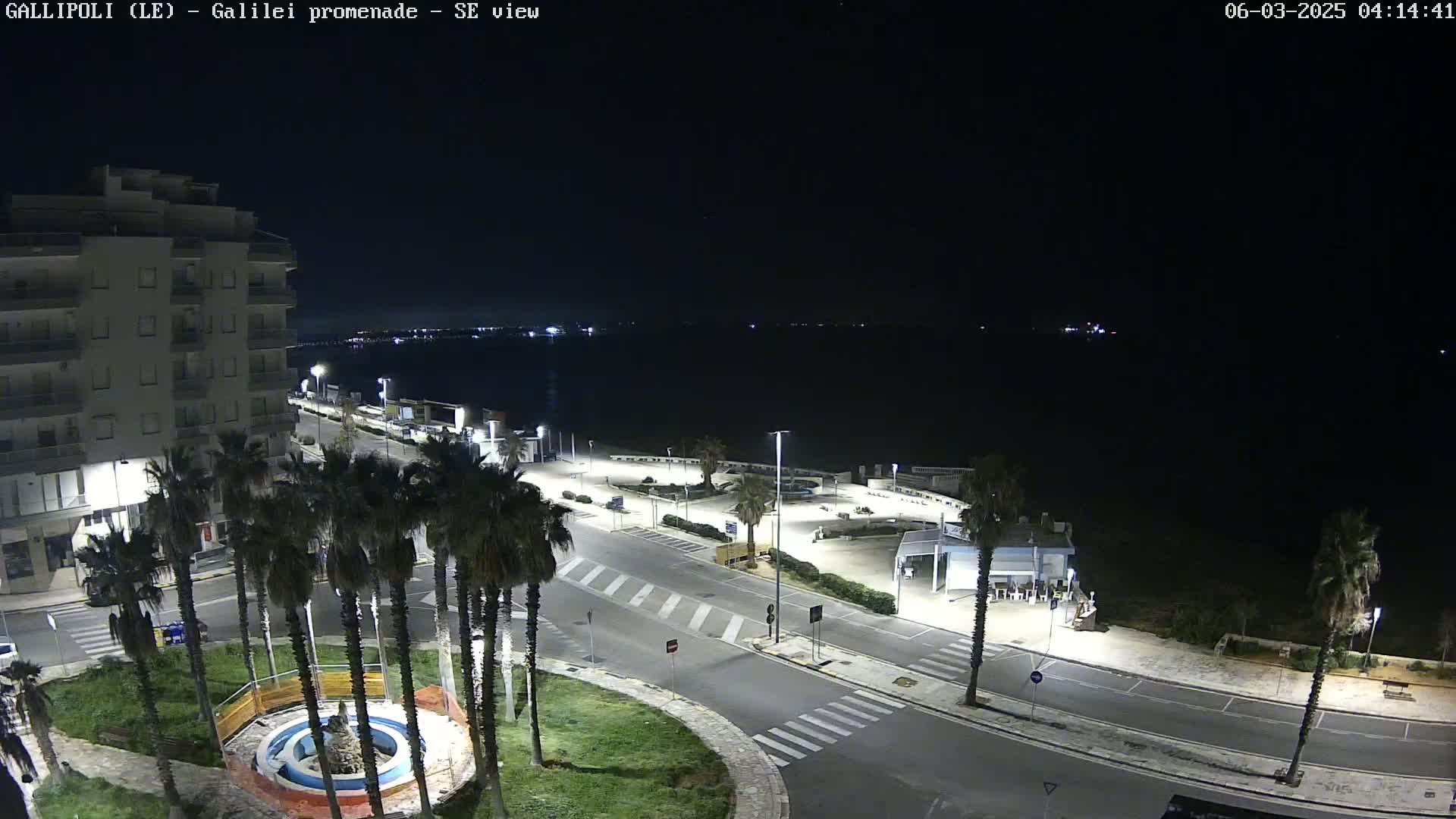 A nighttime view of a seaside promenade with palm trees, a multi-story building, and a calm body of water under a clear, dark sky.