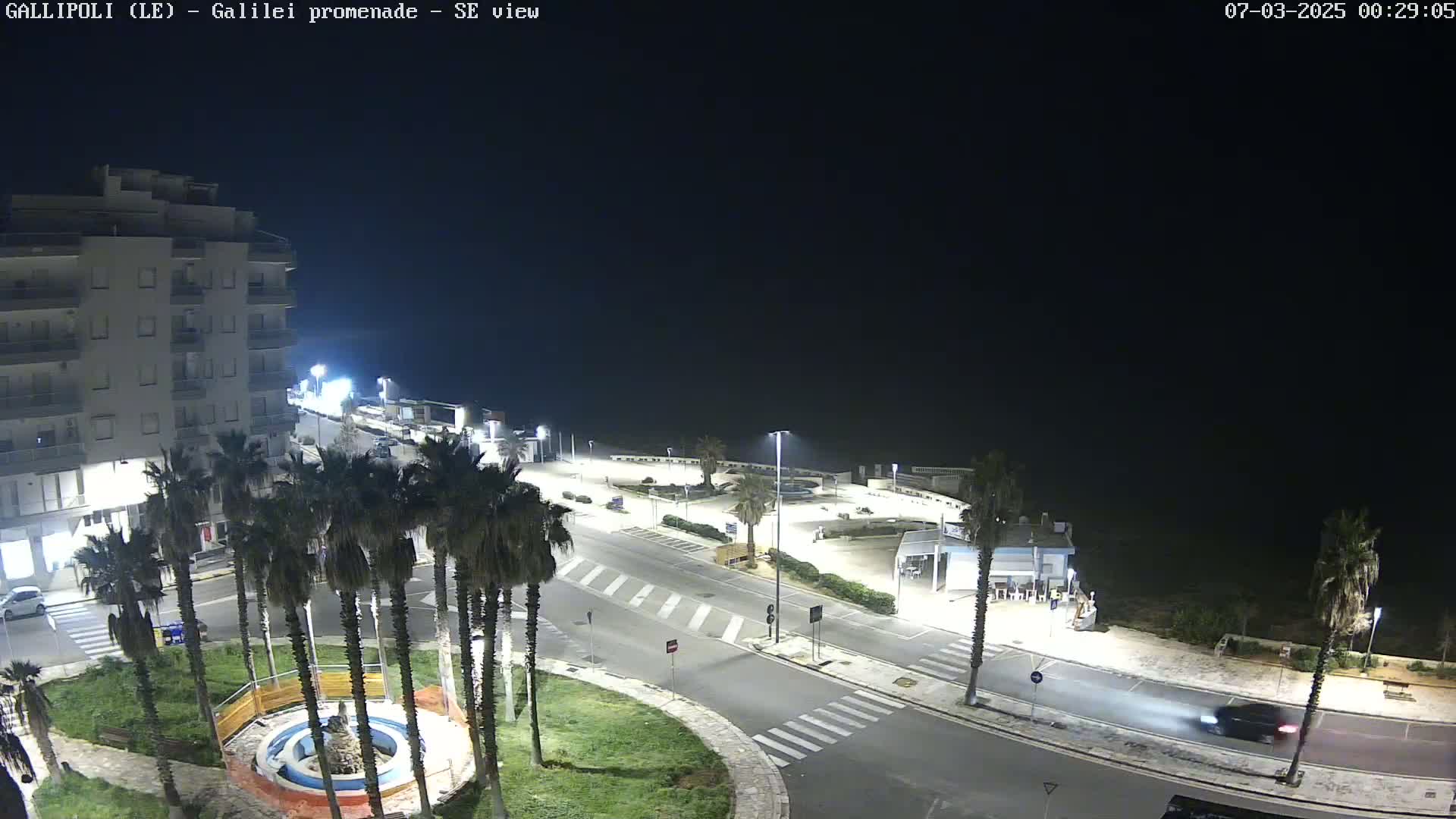 A nighttime, overhead view of a seaside promenade shows a multi-story building, palm trees, roadways, and a few cars.
