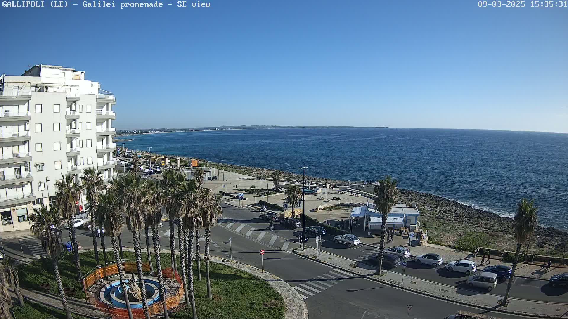 A seaside town on a sunny day shows a multi-story building, palm trees lining a promenade, parked cars, and a calm ocean stretching to the horizon.