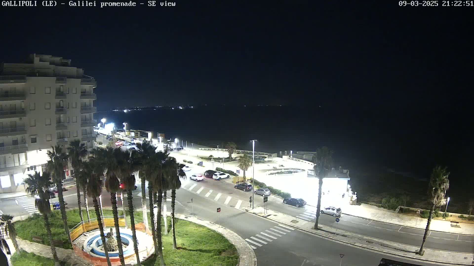 A nighttime, high-angle view shows a coastal town with palm trees, cars on roads, a building, and a dark sea in the background under a clear night sky.