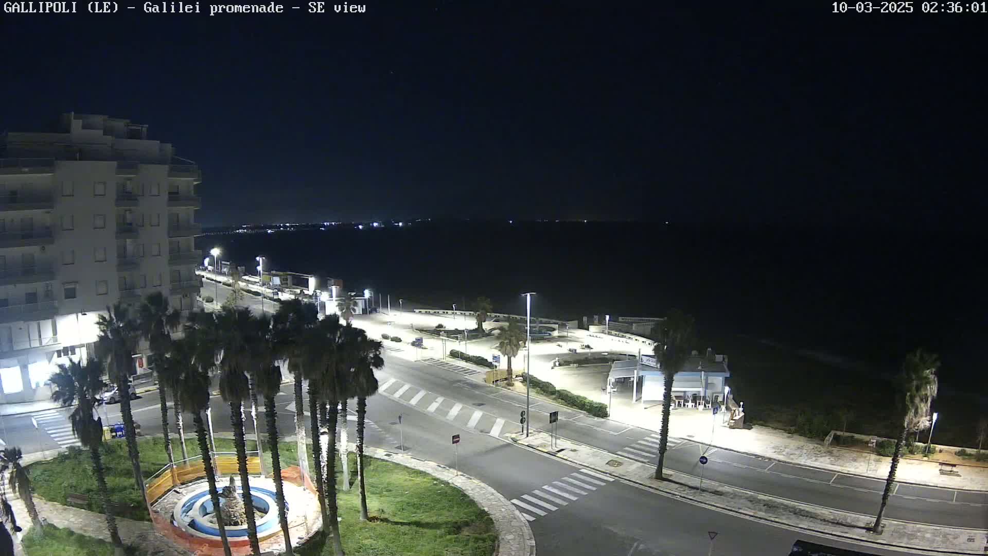 A nighttime aerial view shows a seaside road with palm trees, a building, and a parking lot under a clear, dark sky.