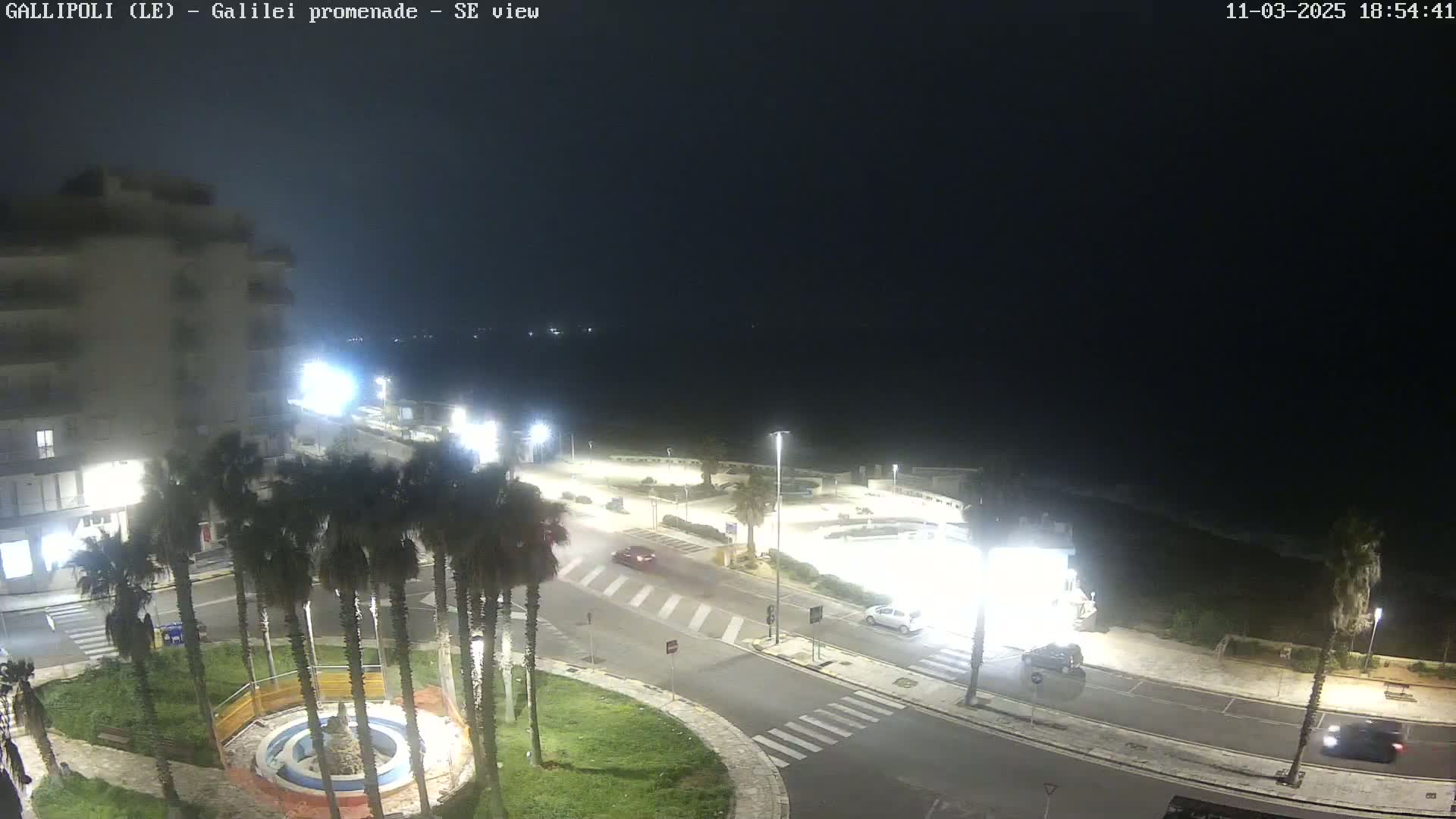 A nighttime, overhead view of a coastal roadway with palm trees, a building, and a few cars, under a dark, cloudy sky.