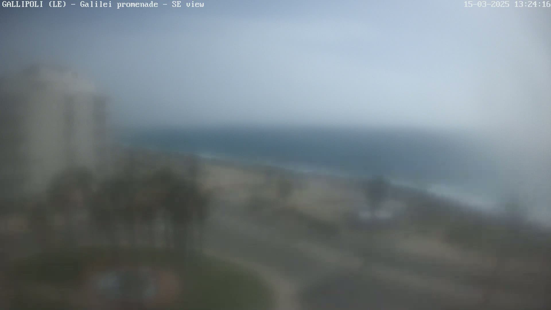 A hazy, blurry view shows a coastal scene with a building, vegetation, and a somewhat-calm sea under an overcast sky.