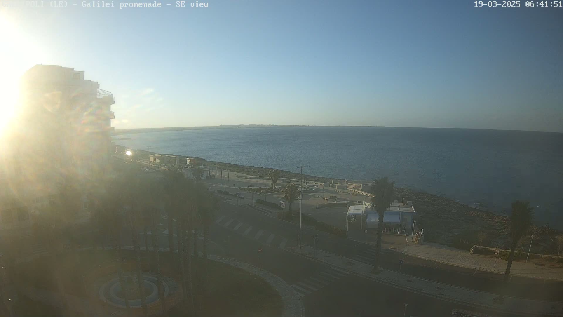 A seaside promenade with palm trees and buildings is seen on a sunny, clear day, overlooking a calm ocean.