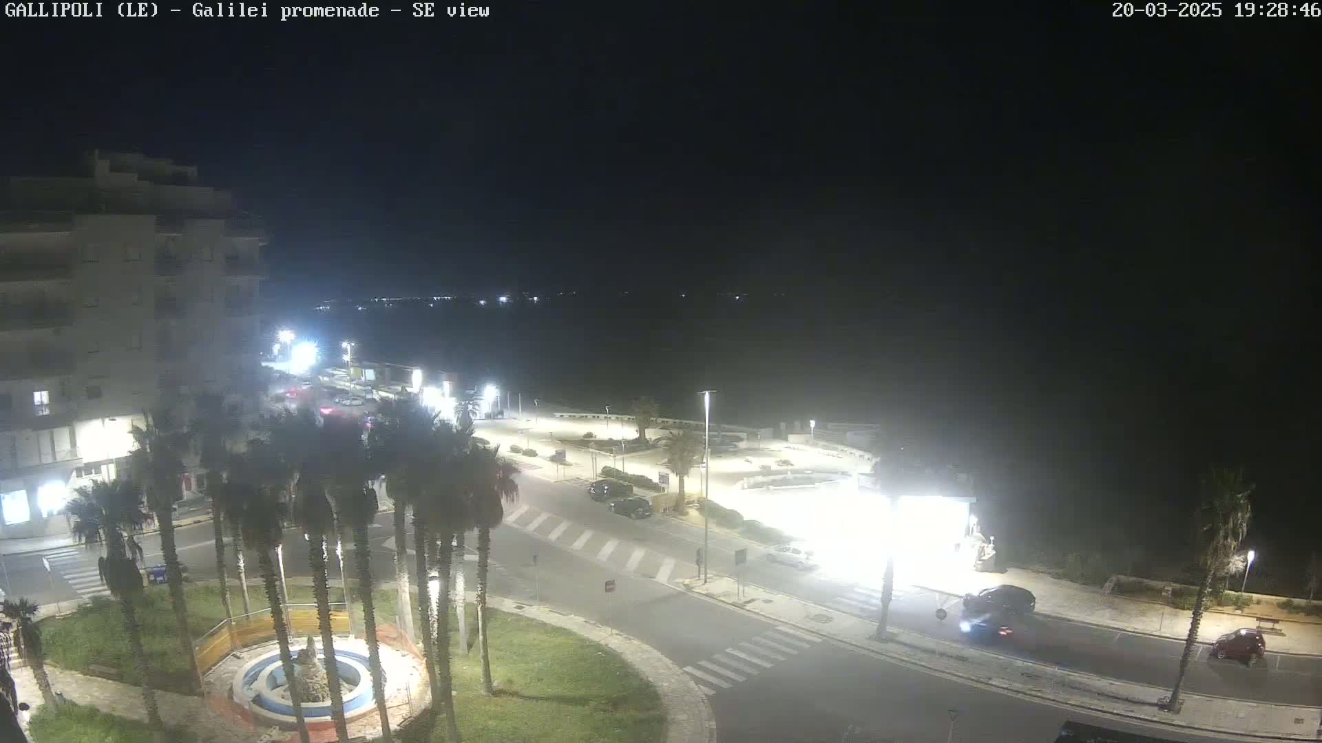 A nighttime, high-angle view shows a coastal road with cars, palm trees, and a building near a dark body of water.